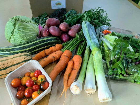 Milestone Flavourful Feast large veg box with cabbage, red potatoes, courgette, squash, carrots with tops, leeks, chard, cherry tomatoes and mixed salad
